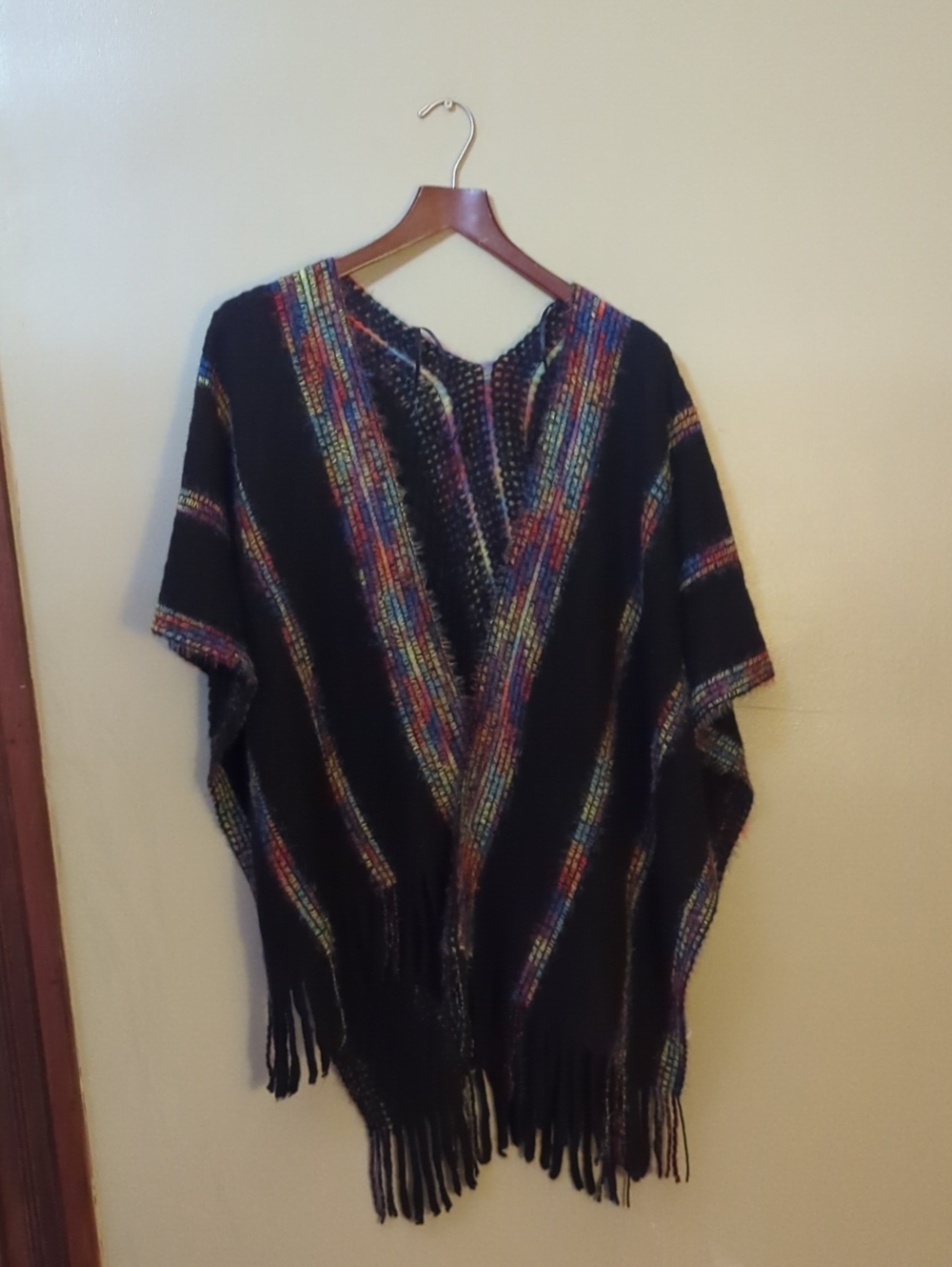 Black Multicolor Fringe Poncho Sweater